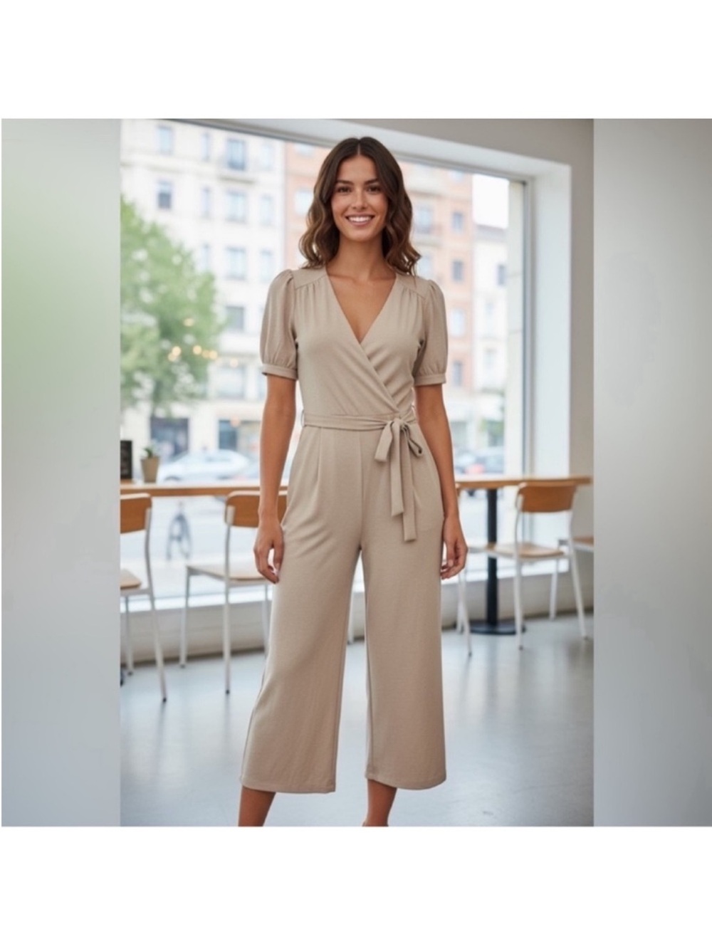 Tie-Waist Short-Sleeve Cropped Jumpsuit in Light Beige